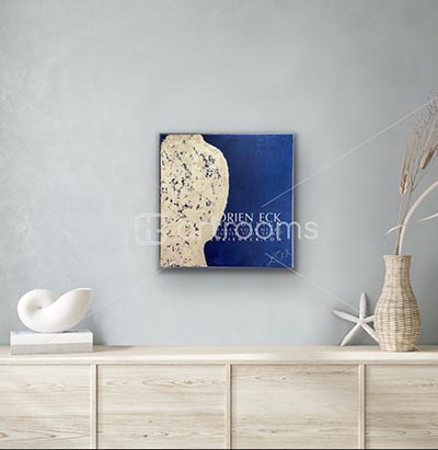 image of Lorien Eck painting, Blue Gold Basic Goodness 3 on a wall above a credenza